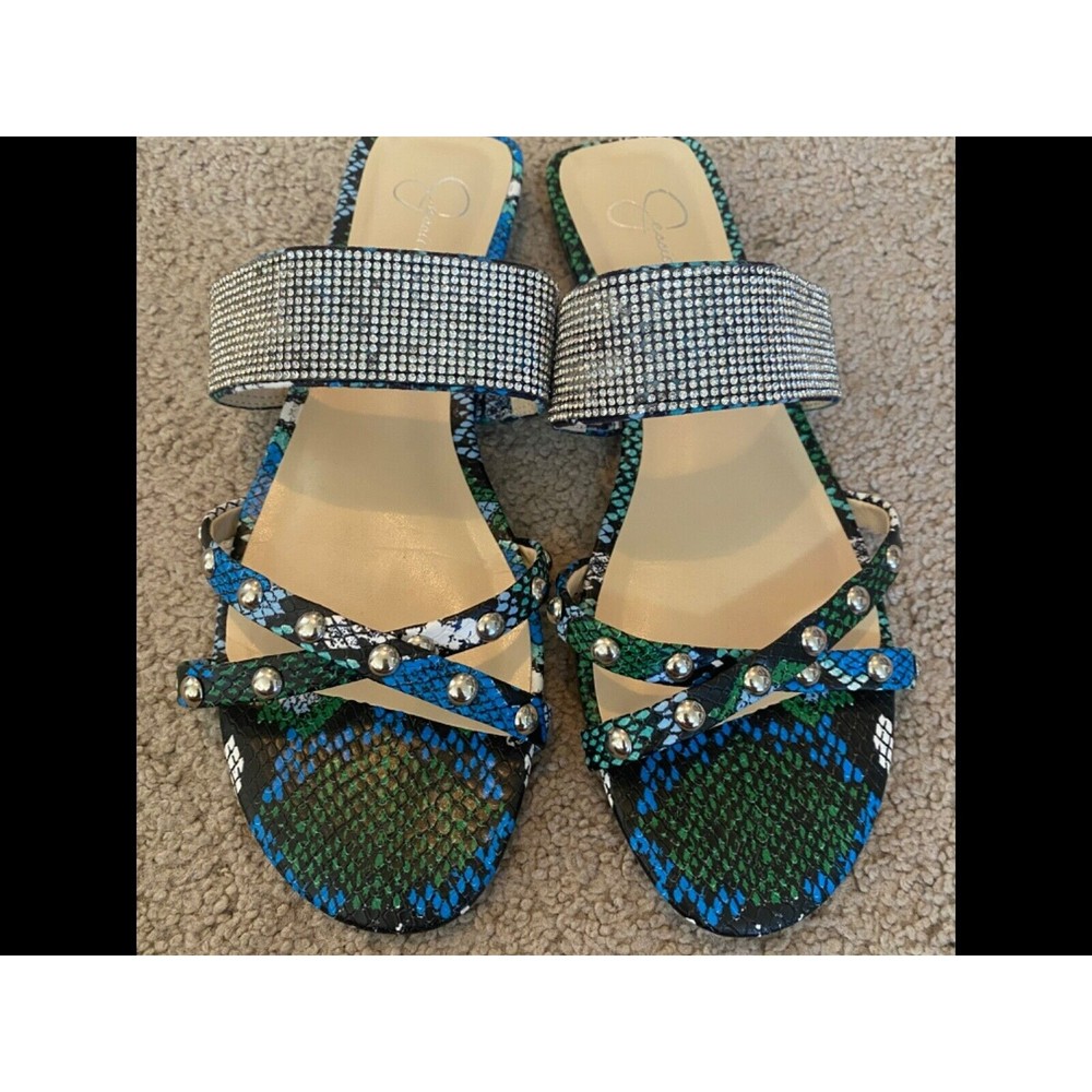 jessica simpson sandals 8.5 blue and green snake skin with jewles